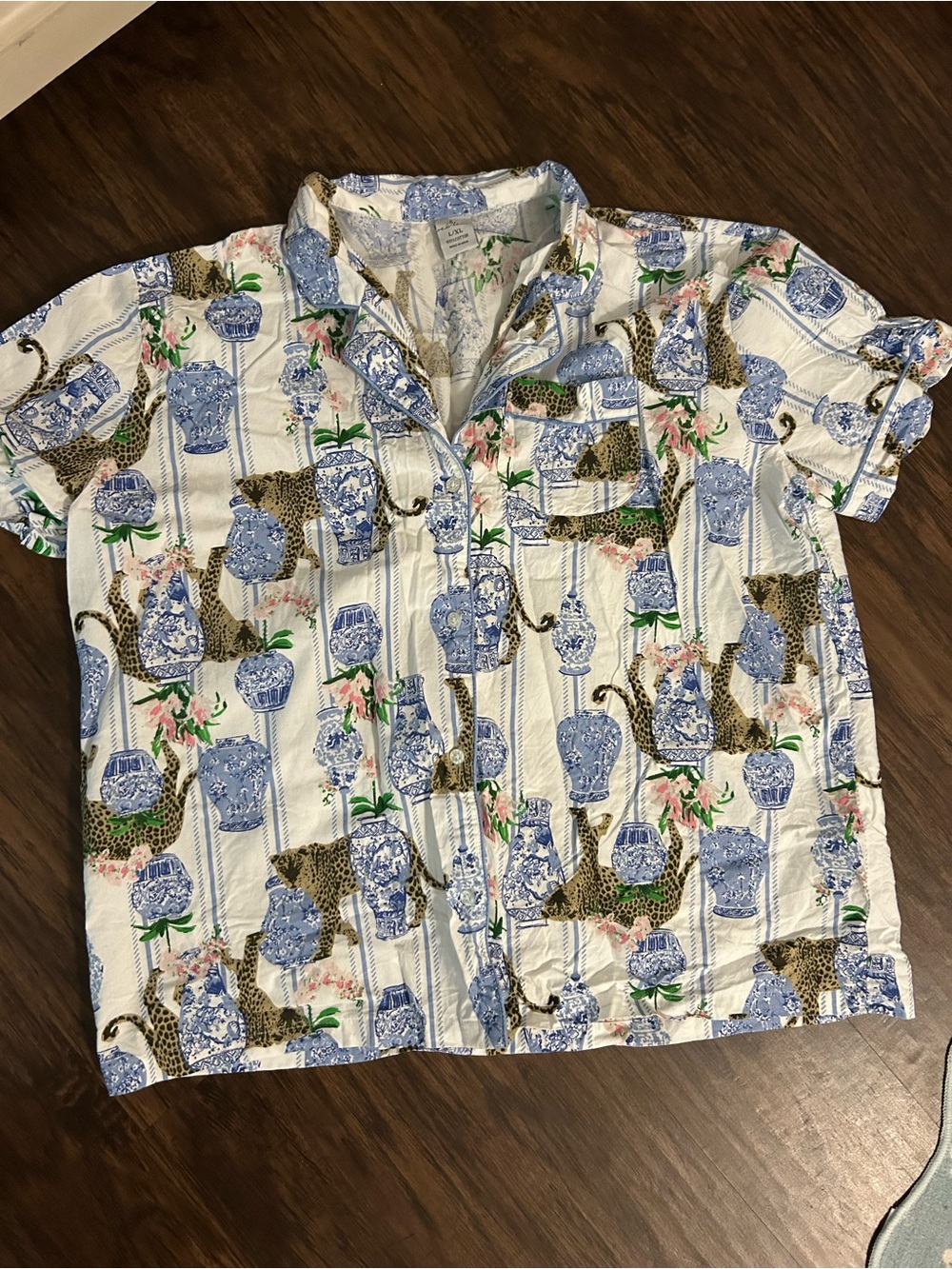 Blue White Ginger Jar Floral & Leopard Print Pajama Set - Picture 4 of 6